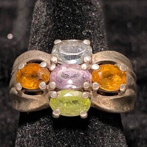 Ring 5 Stones Blue Topaz Amethyst Tourmaline Citrine Faceted Sterling Silver Sta